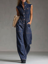 Casual Retro Multi-pocket Topstitching Dark Blue Denim Sleeveless Balloon Jumpsuit