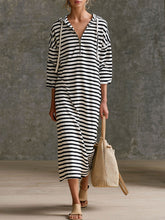 Casual Sporty Retro Black And White Striped Pure Cotton Hooded Midi Dress