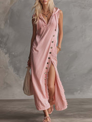 Elegant Retro Sporty Hooded V-neck Sleeveless Lace Trim Side Slits And Button Pink Cotton Midi Dress