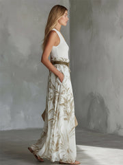 Elegant White Printed Chiffon Wide-Leg Pants