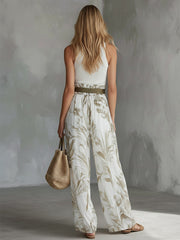 Elegant White Printed Chiffon Wide-Leg Pants