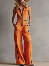 Casual Retro Color-blocked Orange Cotton Linen Sleeveless Jumpsuit