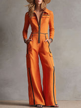 Casual Retro Color-blocked Orange Cotton And Linen Long-sleeved Jumpsuit