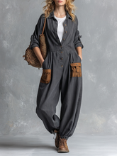 Retro American-style Lapel Button-front Contrast-color-pocket Jumpsuit