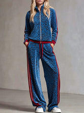 Casual Retro Zip-up Blue Velvet Leopard Print Jacket And Pants Set
