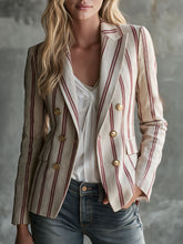 Retro Red Striped Beige Double-breasted Cotton-linen Blazer