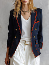 Retro Casual Style With Orange Piping Loose-fitting Navy Blue Blazer