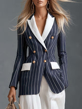 Coastal Navy Pinstripe Contrast-Lapel Double-Breasted Gold-Button Fitted Blazer