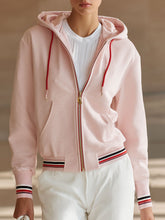 Casual Sports Colorful Striped Pink Cotton Hoodie