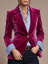 Fashionable Retro Striped Patchwork Fuchsia Velvet Blazer