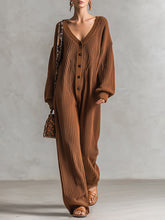 Cozy Relaxed-fit Brown V-neck Ribbed Knit Jumpsuit
