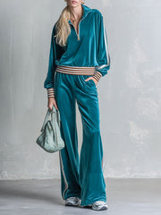 Casual Everyday Striped-Trim Teal Velour Half-Zip Top And Pants Set