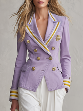 Elegant Vintage Decorative-button Contrast-tape Cinched-waist Denim Blazer