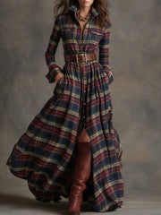 Retro Ethnic Style Lapel Reddish Brown Plaid Maxi Dress