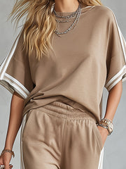 Casual Everyday Sports Striped-trim Khaki T-shirt And Pants Set