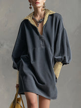 Casual Sporty Plaid Trim Gray Washed Cotton Sweatshirt Mini Dress