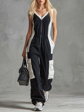 Casual Retro Sporty Black And White Color-blocked V-neck Half-zip Jumpsuit