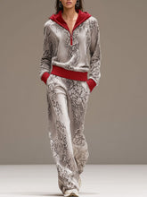 Casual Sporty Retro Snakeskin Gray Velvet Hooded Sweatshirt Wide-Leg Set