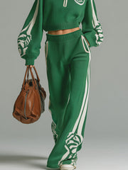 Fashion Casual White Decorative Green Half-zip Top Wide-leg Pants Knitted Set