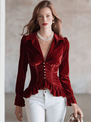Fashionable Retro Red Velvet Pleated Ruffled Long-sleeved Shirt
