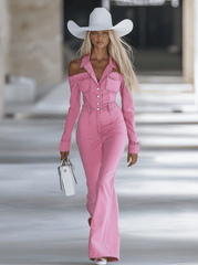Fashionable Personalized Lapel Pink Denim Off-the-shoulder Long-sleeved Flared Jumpsuit