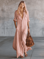 Casual Retro Western V-neck Front Button Short Sleeve Pink Cotton Linen Shirt Maxi Dress