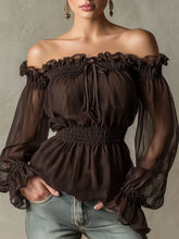 Fashionable Retro Ruffled Brown Off-shoulder Chiffon Blouse