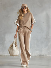 Casual Everyday Sports Striped-trim Khaki T-shirt And Pants Set