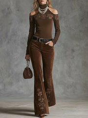 High-neckoff-shoulder Rose-embroidered All-cotton Long-sleeved T-shirt