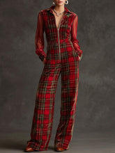 Retro Long-sleeved Mesh Red And Green Plaid Velvet Wide-leg Jumpsuit