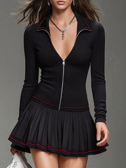 Contrast Hem Long Zip-up Top And Pleated Skirt Sports Suit