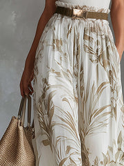 Elegant White Printed Chiffon Wide-Leg Pants