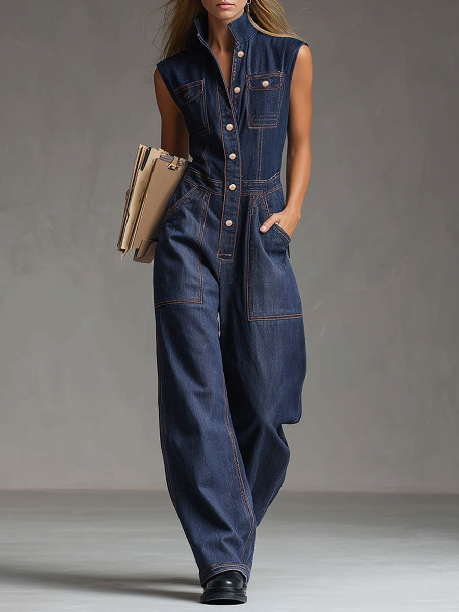 Casual Retro Multi-pocket Topstitching Dark Blue Denim Sleeveless Balloon Jumpsuit