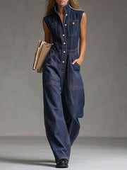 Casual Retro Multi-pocket Topstitching Dark Blue Denim Sleeveless Balloon Jumpsuit