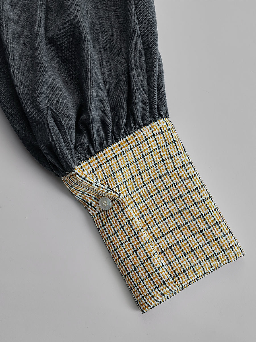 Casual Sporty Plaid Trim Gray Washed Cotton Sweatshirt Mini Dress