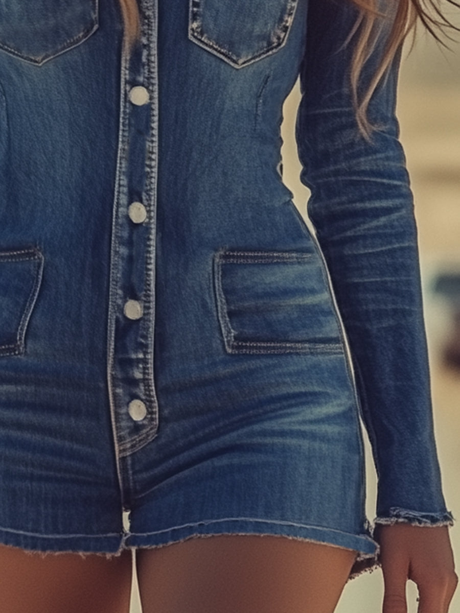 Casual Retro Button Denim Blue Long Sleeve Jumpsuit