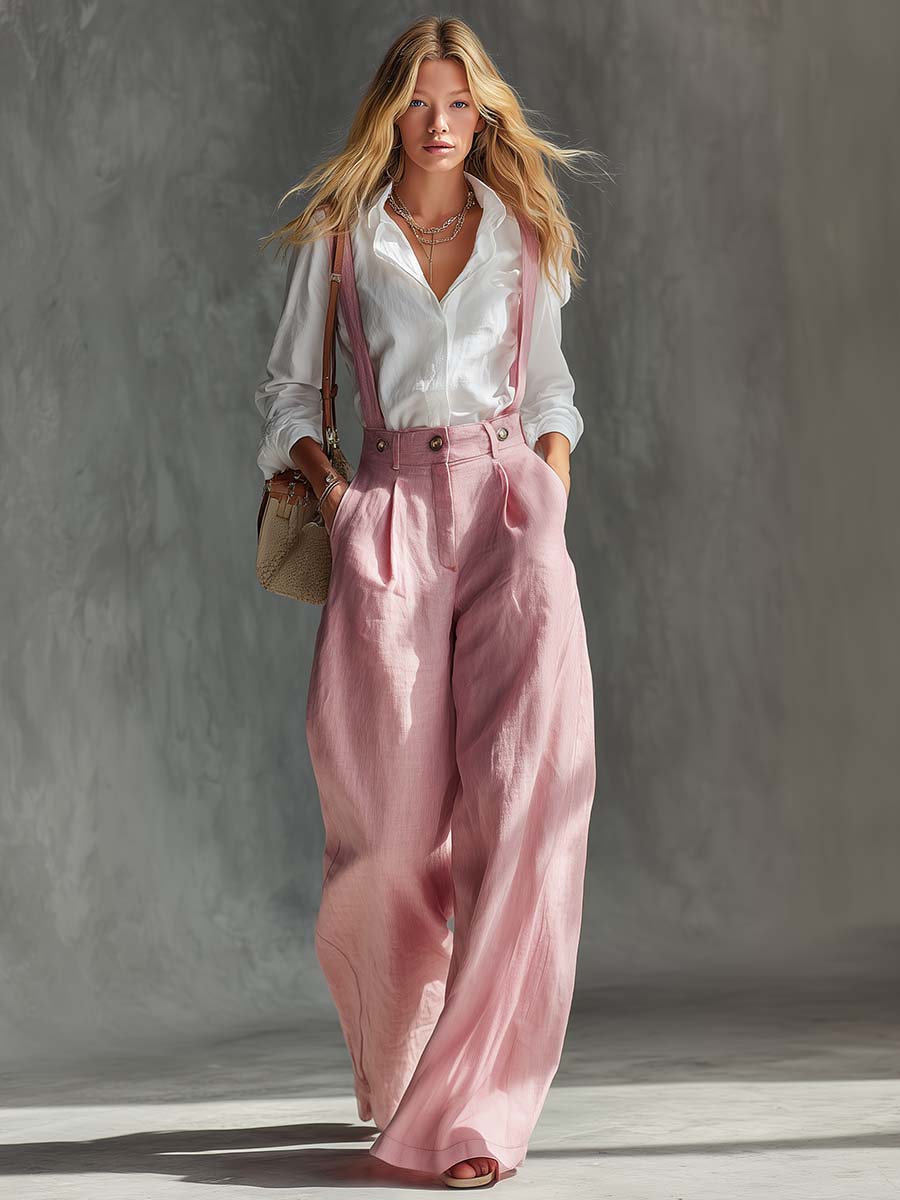 Elegant Vintage Versatile Pink Cotton And Linen Wide-leg Pants Overalls