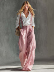 Elegant Vintage Versatile Pink Cotton And Linen Wide-leg Pants Overalls
