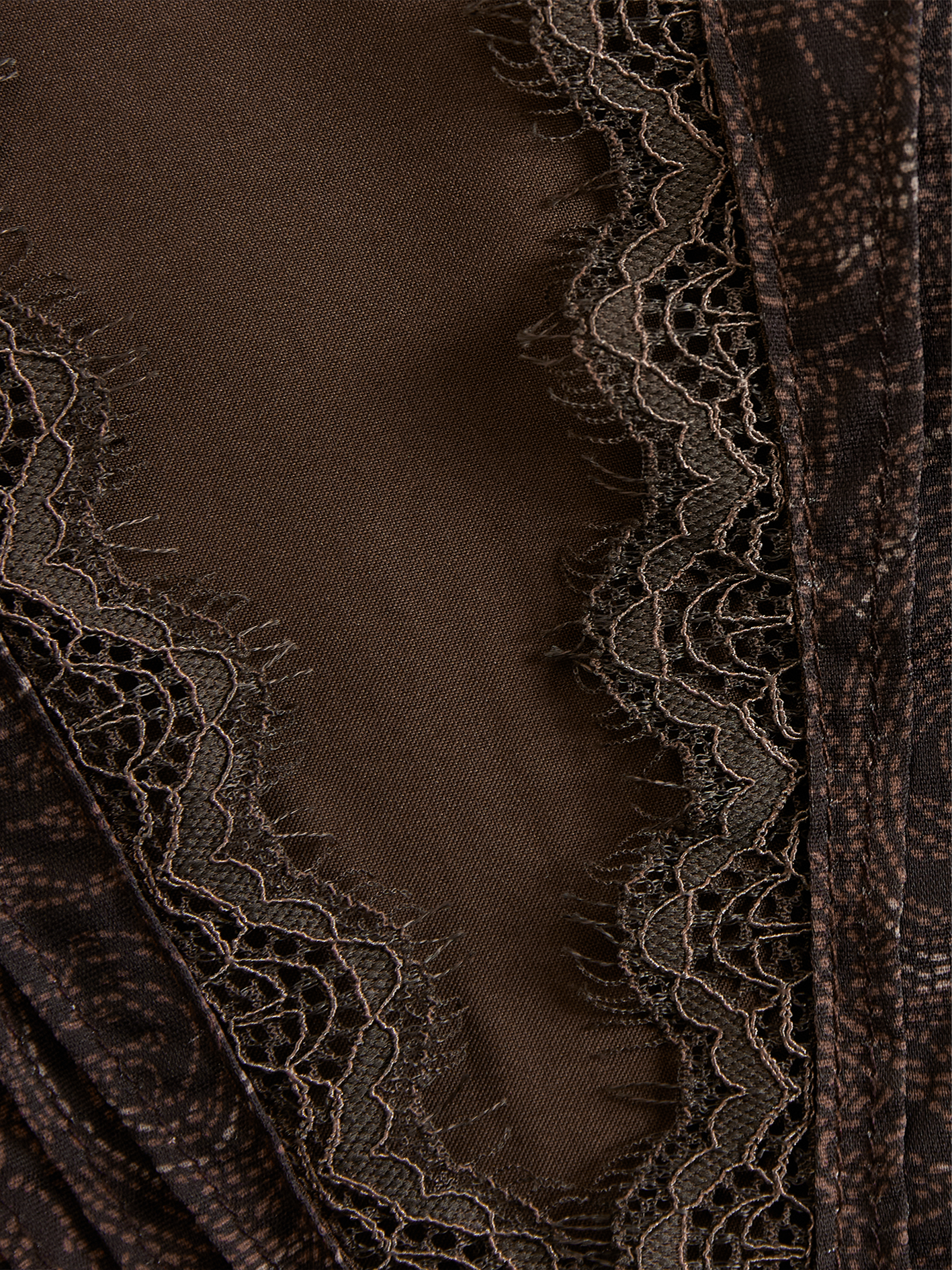 Elegant V-neck Lace Print Mocha Brown Long-sleeved Shirt