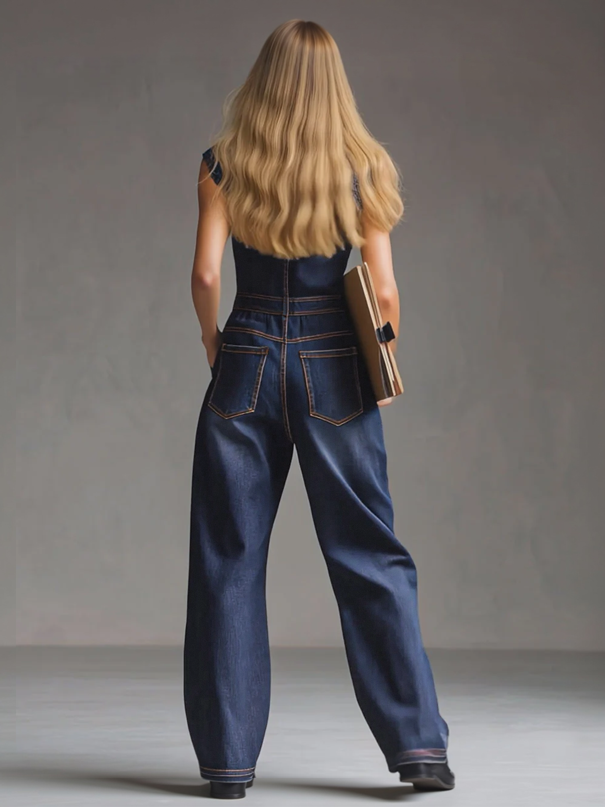 Casual Retro Multi-pocket Topstitching Dark Blue Denim Sleeveless Balloon Jumpsuit
