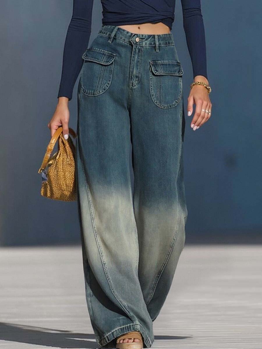 Casual Fashion Gradient Washed Denim Blue Gray Loose Pants