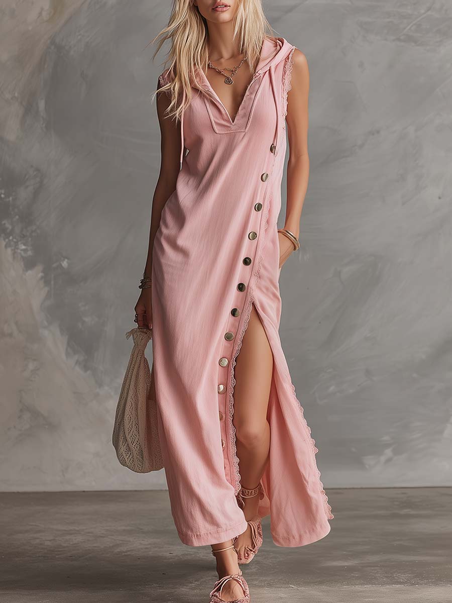 Elegant Retro Sporty Hooded V-neck Sleeveless  Lace Trim Side Slits And Button Pink Cotton Midi Dress