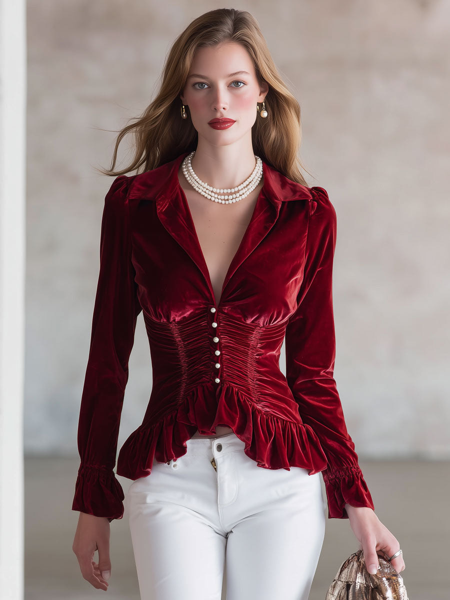Fashionable Retro Red Velvet Pleated Ruffled Long-sleeved Shirt