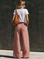 Casual Retro Red And White Gingham Cotton-Linen Trousers