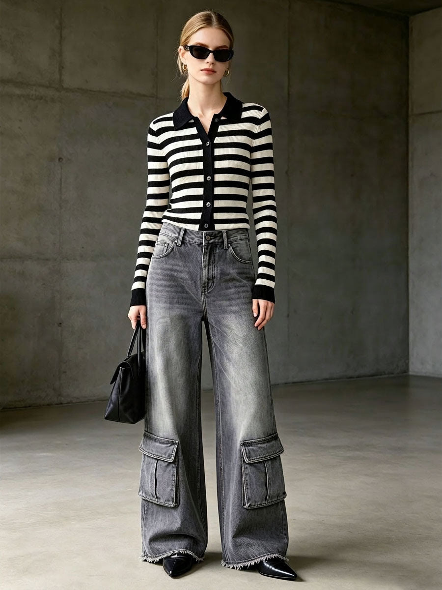 Casual Retro Frayed Gray Cargo Jeans