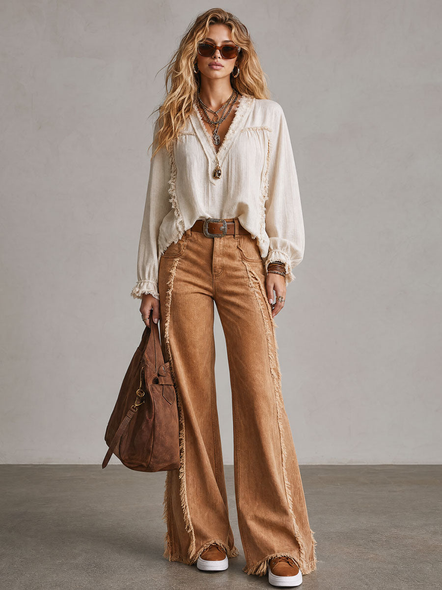Casual Retro Frayed Off-white Long-sleeved Shirt