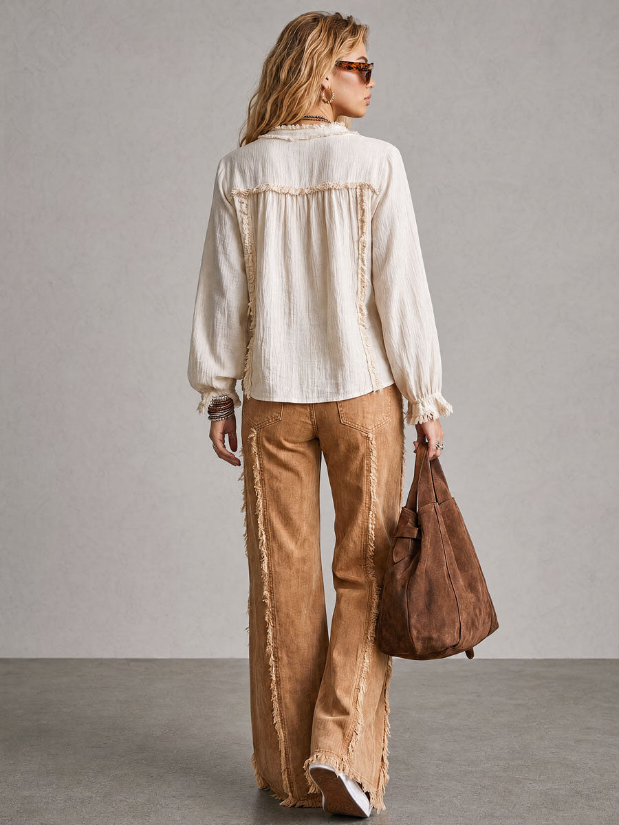 Casual Retro Frayed Off-white Long-sleeved Shirt