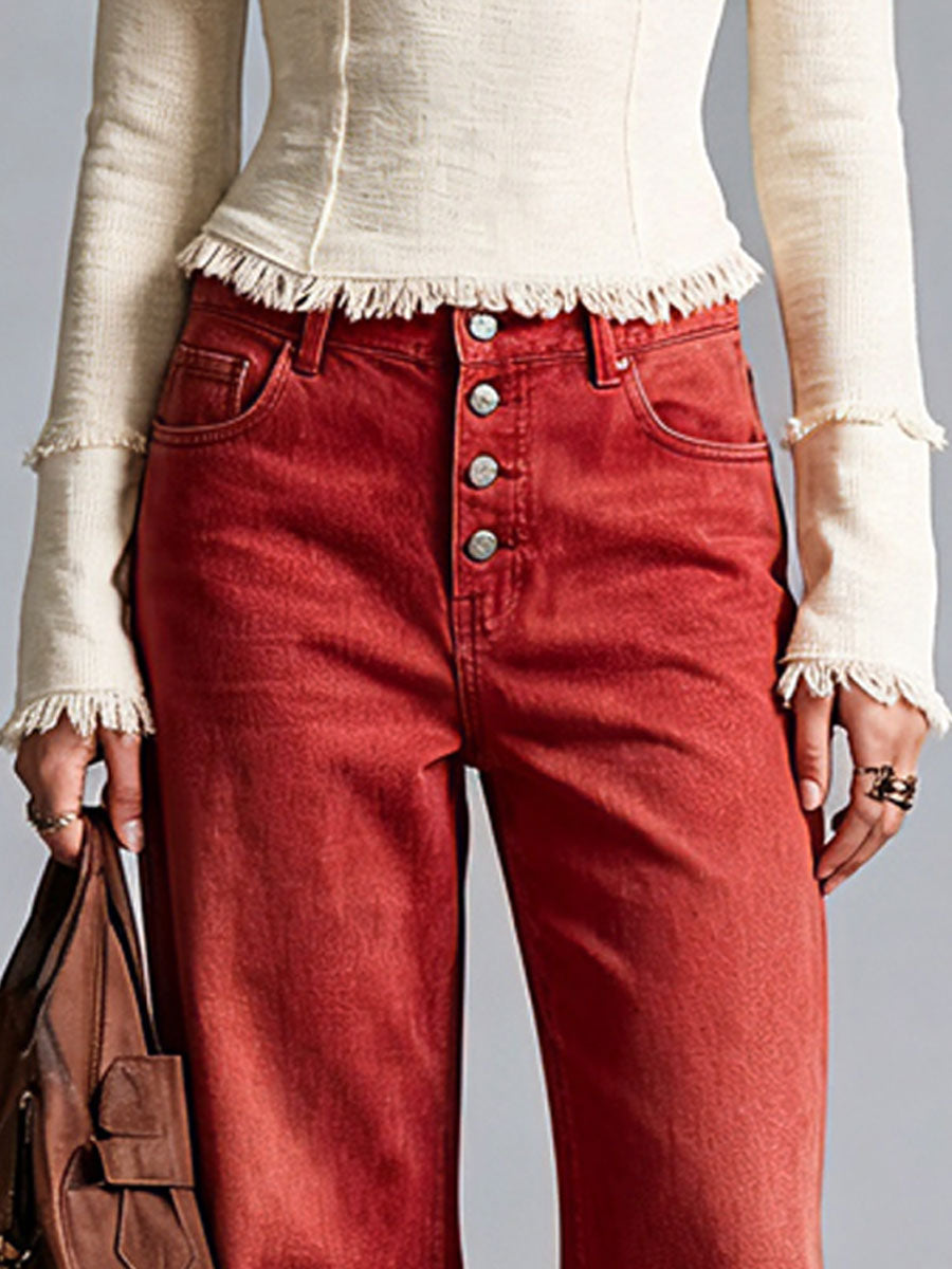 Casual Retro Frayed Off-White Long-Sleeve Knitted T-Shirt