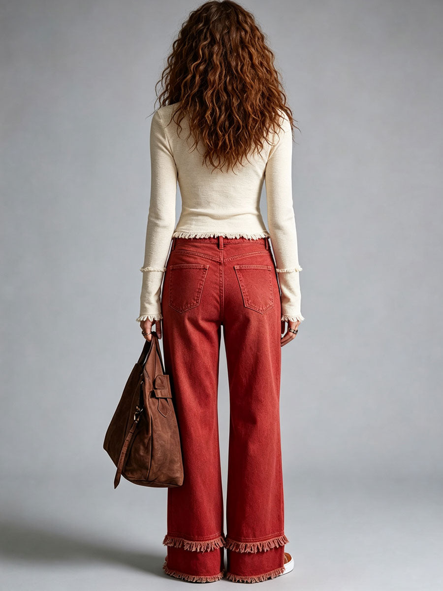 Casual Retro Frayed Off-White Long-Sleeve Knitted T-Shirt