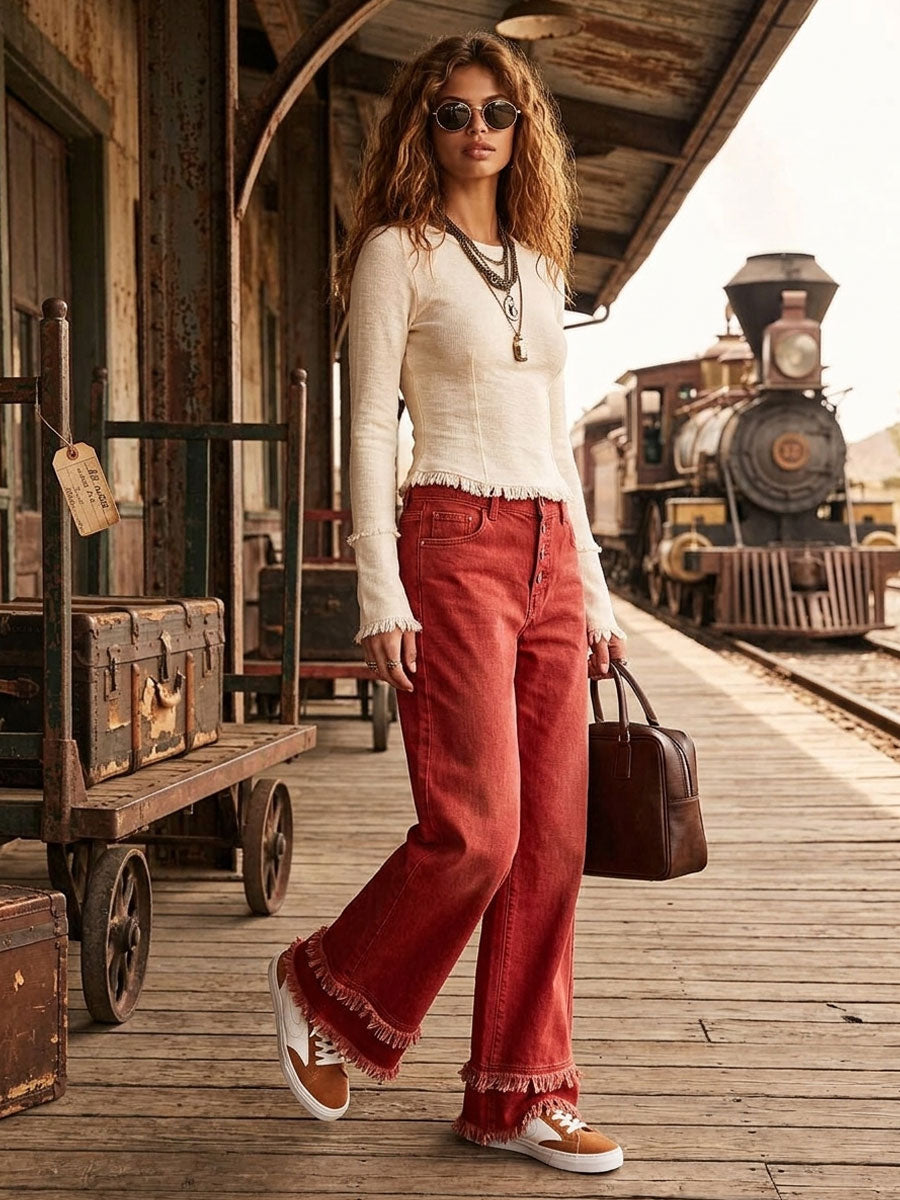Casual Retro Frayed Off-White Long-Sleeve Knitted T-Shirt